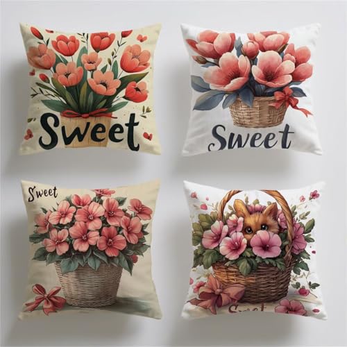 Funda Cojin 55 x 55, Cojines Sofa Exterior Juego de 4, Fundas de Cojines Rosa Flores Suave Terciopelo Fundas Almohada Decorativos, Impresión a Doble, Cojin Exterior Jardin, Home Decor Regalo T-139