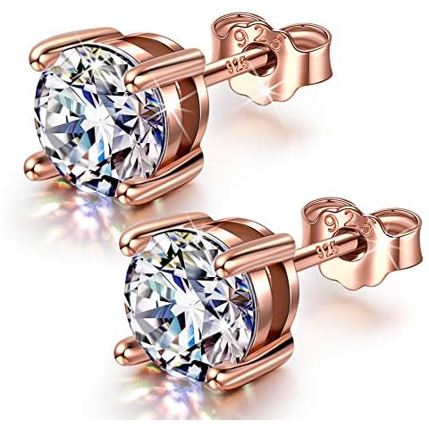ANGEL NINA 14K Rose Gold Plated Sterling Silver Post 8mm 3A Round Cubic Zirconia Stud Earrings for Women Cartilage Earrings Piercing Jewelry Christmas Earrings Gifts for Women Cover