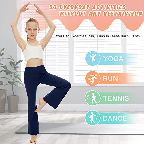 Blingfit Girls Athletic Active Leggings, Youth Kids Yoga Pants Sports Running Elastic Fashion Trousers With Pocket Wide Leg Workout For Child Navy Blue Large #TOP2