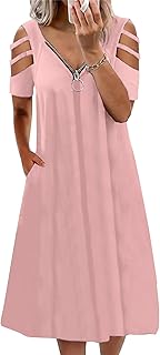 WXDSNH Vestido De Mujer Sexy con Cuello En V Cremallera Color Sólido Manga Corta Verano Casual Elegante Ropa De Calle Ahuecada