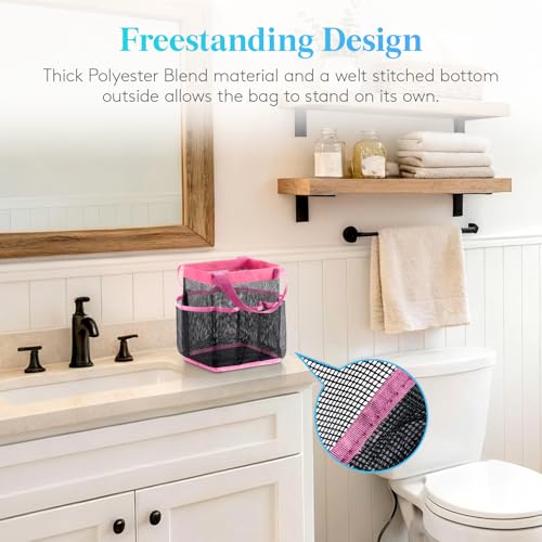 Lifewit-Mesh-Shower-Caddy-Portable-for-College-Dorm-Room-Essentials-with-7-Pockets-Freestanding-Hanging-Organizer-Basket-Quick-Dry-Tote-Bag-for-Camping-Bathroom-Beach-Travel-1-Pack-Pink-2-Handles-Free