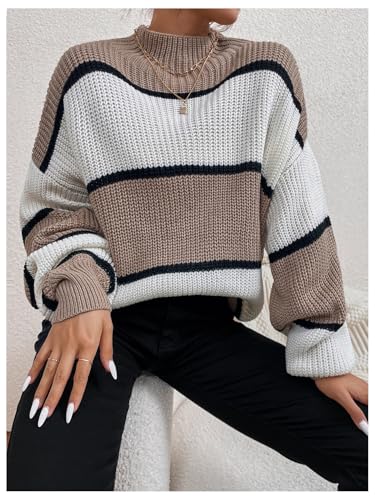 Milumia Women's Colorblock Mock Neck Sweaters Lantern Long Sleeve Loose Pullover4