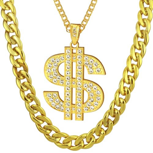 2 Pcs Dollar Sign Pendant Necklace Plastic Fake Chain Set Small Acrylic Hip Hop Rapper Faux Chunky Chain for 80s 90s Costume Jewelry Punk Style for Men Women