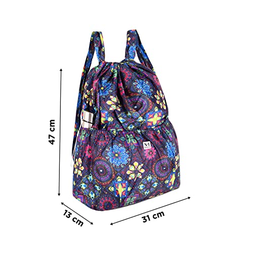Image of NFI essentials Floral Print Drawstring Backpack for Women Foldable Sport String Bag Sackpack Nylon for Gym, College, Yoga, Shopping