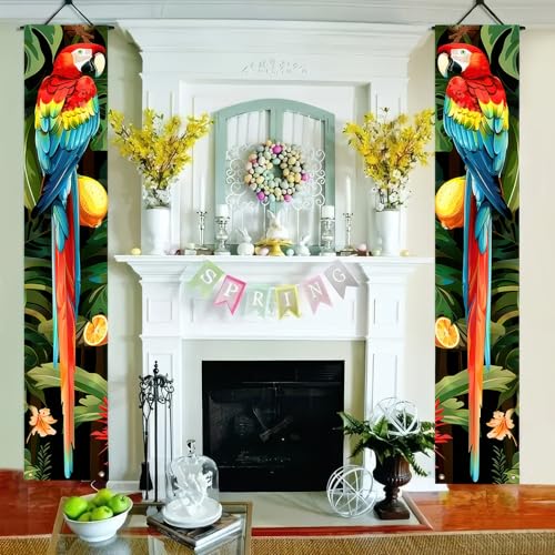 Image of BlissYard 2pcs Summer Door Banner Hawaiian Parrot Porch Sign Banner Tropical Floral Colorful Parrot Wall Hanging Banners for Outdoor Summer Tiki Bar Decor Party Supplies