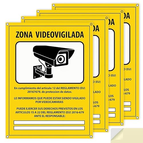 Carteles Cámara de Vigilancia PACK 4   Zona Videovigilada Homologados RGPD   Aluminio 20x15 cm   Placas Seguridad Interior Exterior Resistentes