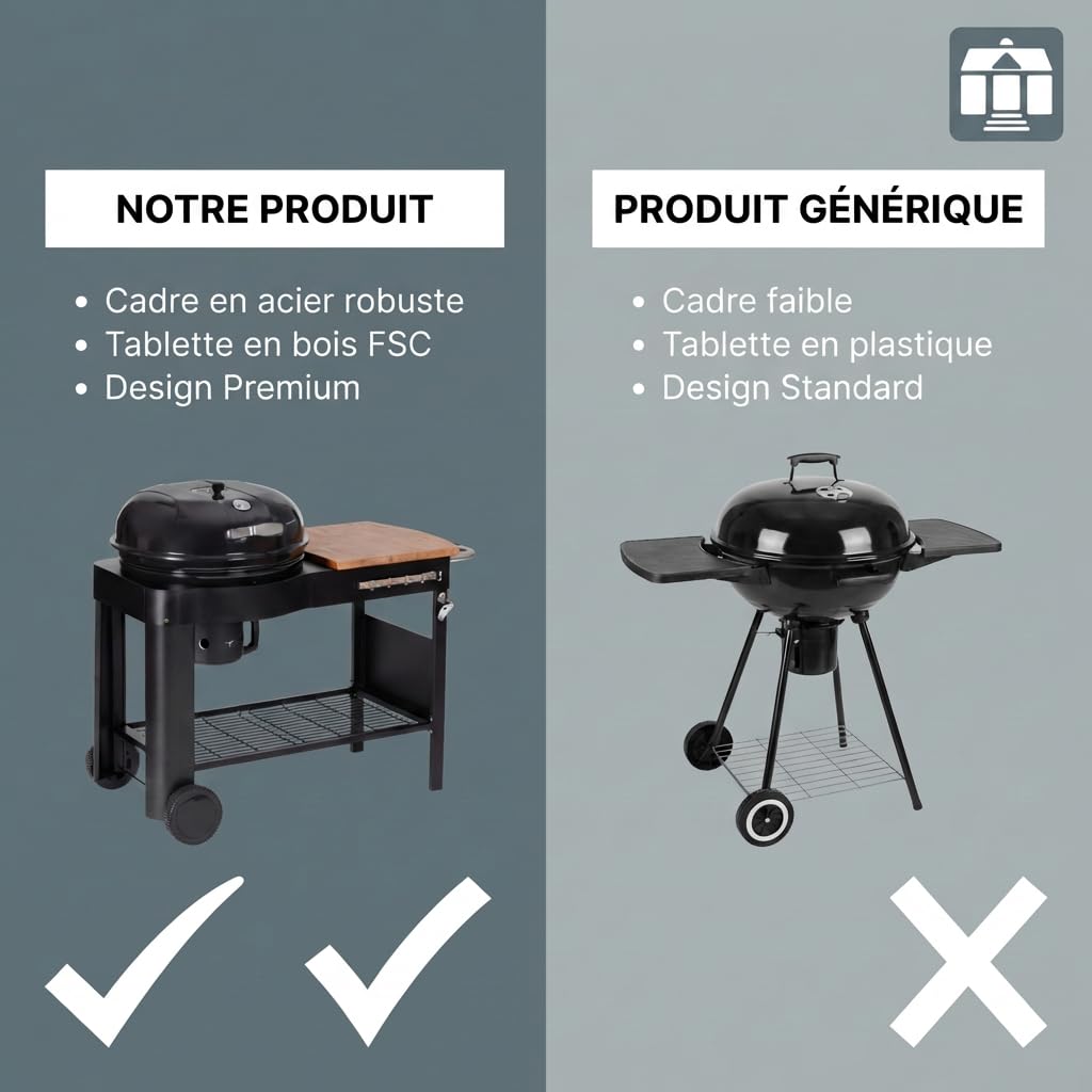 Tarrington House Barbecue au Charbon de Bois Calgary, Acier/Bois, Couvercle avec Thermomètre, Tablette latérale, Étagère Inférieure, 2 Roues, Noir