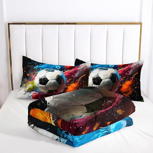 Image of Soccer Comforter Queen Size,Sport Kids Comforter Set,3Pcs Bedding Set Printed Comforter with 2 Pillowcases,Down Alternative,Soft and Lightweight,for All Seasons
