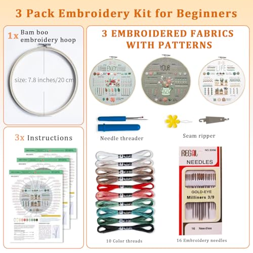 Image of LYSHIATSU 3 Sets Embroidery Kit for Beginners, Embroidery Kit for Adults with Follow Instruction, Cross Stitch Kits with Wooden Embroidery Hoops