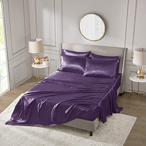Image of Madison Park Essentials Satin Sheets King Size Bed Set, 6 Piece, Purple | Luxury and Smooth Silky Bedding with Natural Sheen, All Around Elastic 14 inch Pocket fits up to 16 inch Mattress, Year-Round Cozy