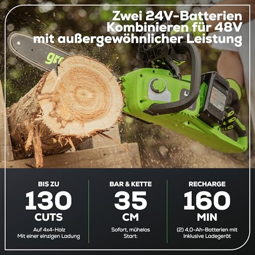 Greenworks 48V (24V x 2) Akku Kettensäge mit bürstenlosem Motor, 35cm Blattlänge, 20 m/s Kettengeschwindigkeit, Auto-Öler… – Ansicht 3