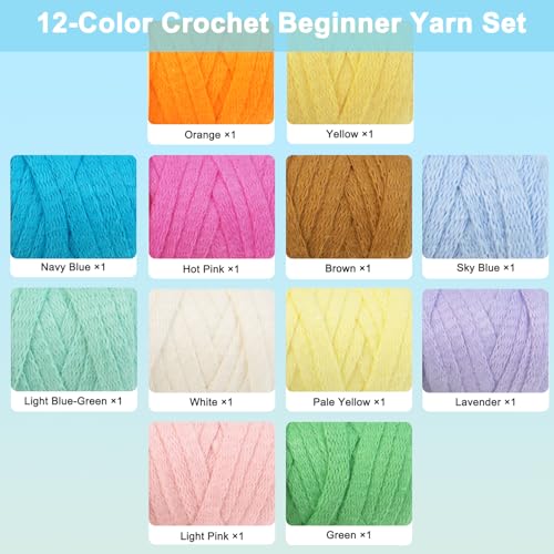 Image of Crochetta Crochet Kit for Beginners Adults - Complete Starter Set with Crochet Hooks, Scissors, Stitch Markers + 12-Colored Yarn 45-50 Yards (20g) per Color