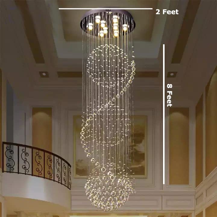 Image of Sanleen Modern Contemporary K9 Crystal Glass Double Height Chandelier Ceiling Lighting Lamp (Design 6) | 2 Ft Width x 8 Ft Height Luxury Staircase Chandelier for Duplex, Foyer, Lobby & Villa Decor