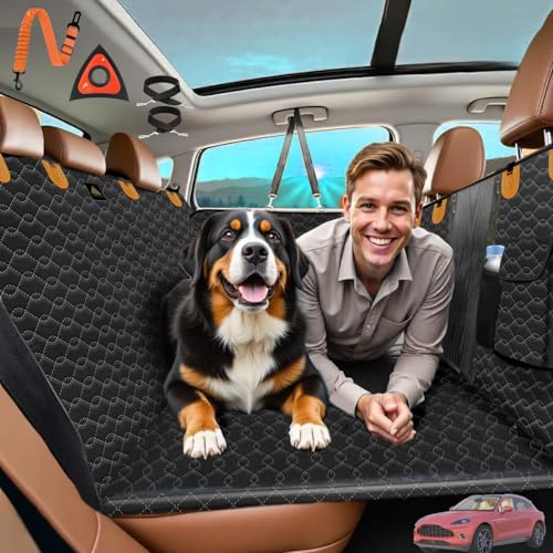 Back Seat Extender for Dogs-Supports 330lbs,Waterproof Dog Car Seat Cover with Hard Bottom,Mesh Window,Storage Pockets,600D Heavy Duty Scratch-Proof Non-Slip-Dog Hammock for Cars,SUVs,Trucks (Brush)
