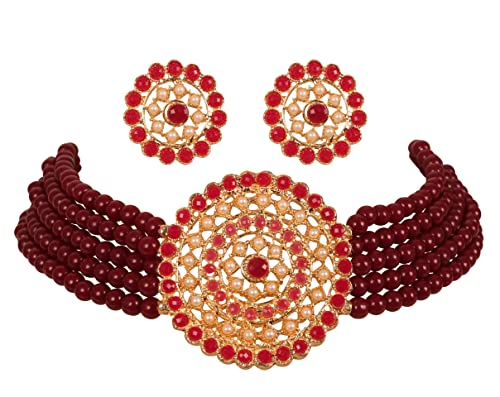 Touchstone”Padmavati Collection Indian Bollywood Traditional Faux Pearls Grand Designer Jewelry Choker Necklace Set In Antique Gold Tone For Women.