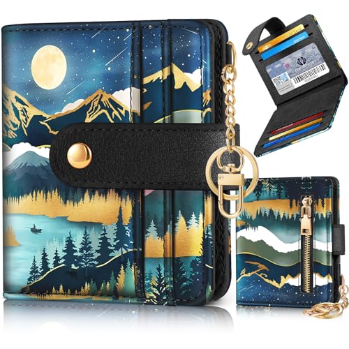 Image of Bistup Small Card Wallet for Women with Keychain, Night View | Clear ID Window, Compact Design for Daily Carry, Durable Material, Sturdy Keychain, Aesthetic