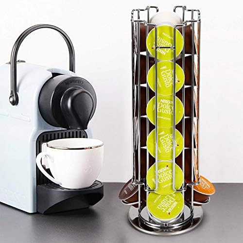 Vinsani 24 Coffee Pod Holder - Rotating Chrome Tower Storage Stand for Dolce Gusto Coffee Capsules