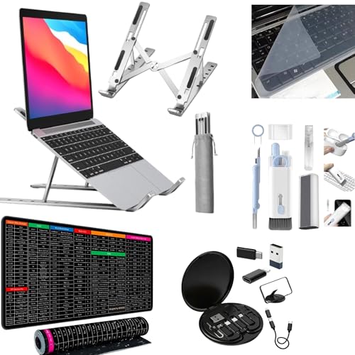 Image of 5 Pcs Laptop Accessories Combo with Adjustable Aluminum Laptop Stand, 7-in-1 Electronic Cleaner, Silicone Keyboard Cover, Data Cable Set & Shortcut Mouse Pad for Office Study Travel