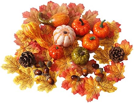 JOYYU 50 PCS Artificial Pumpkins Set Gourds Maple Leaves Pine Cones Acorns Fake Pumpkins Artificial Vegetables for Fall Garland Halloween Thanksgiving Decorations