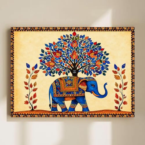 Image of Madhubani Elephant Stretched Canvas Painting for Living Room Wall Decor, Tree of Life Indian Traditional Vastu Stretched Canvas Wall Art for Vastu Place Bedroom Home Hallways Office Hotel, Size 22x34 Inch