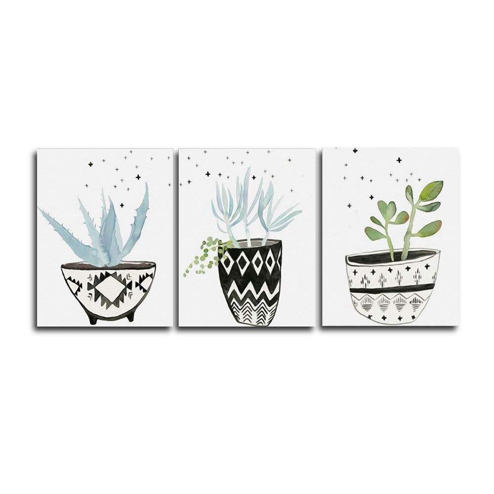 Art mural toile peinture salon avec motif nordique vert plantes pot de fleur