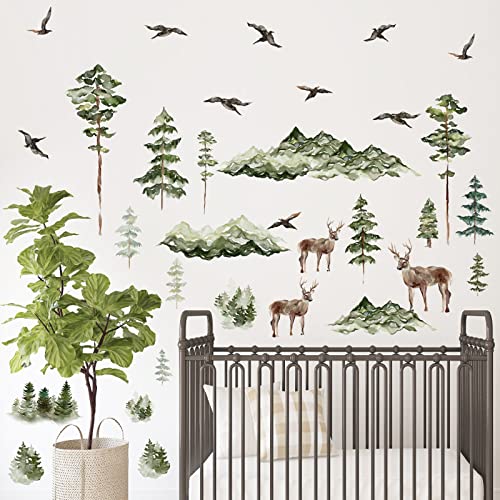 Mountain Wall Decals Peel And Stick Tree Mountain Wall Stickers Woodland Animal Wall Stickers Watercolor Green Pine Tree Wall Decals Tree Deer Forest Animal Wall Decals For Nursery Bedroom Decor #TOP1