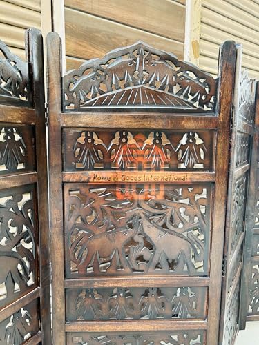 Image of Home & Goods International Wooden Room Divider Partition - Foldable Wood Screen Separator for Living Room, Bedroom, Office, Restaurant || Elephant Design, 4 Feet 4 Panel (Brown)
