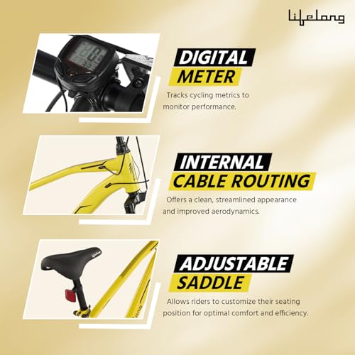 Image of Lifelong Gear Cycle for Men & Women MTB 26T with Dual Disc Brake - MultiSpeed 7-Gear Bicycle - Front Suspension Fork - Mountain Bike Ideal for 15 Years + Adults Upto Height 5 ft 5 inches (Yellow)