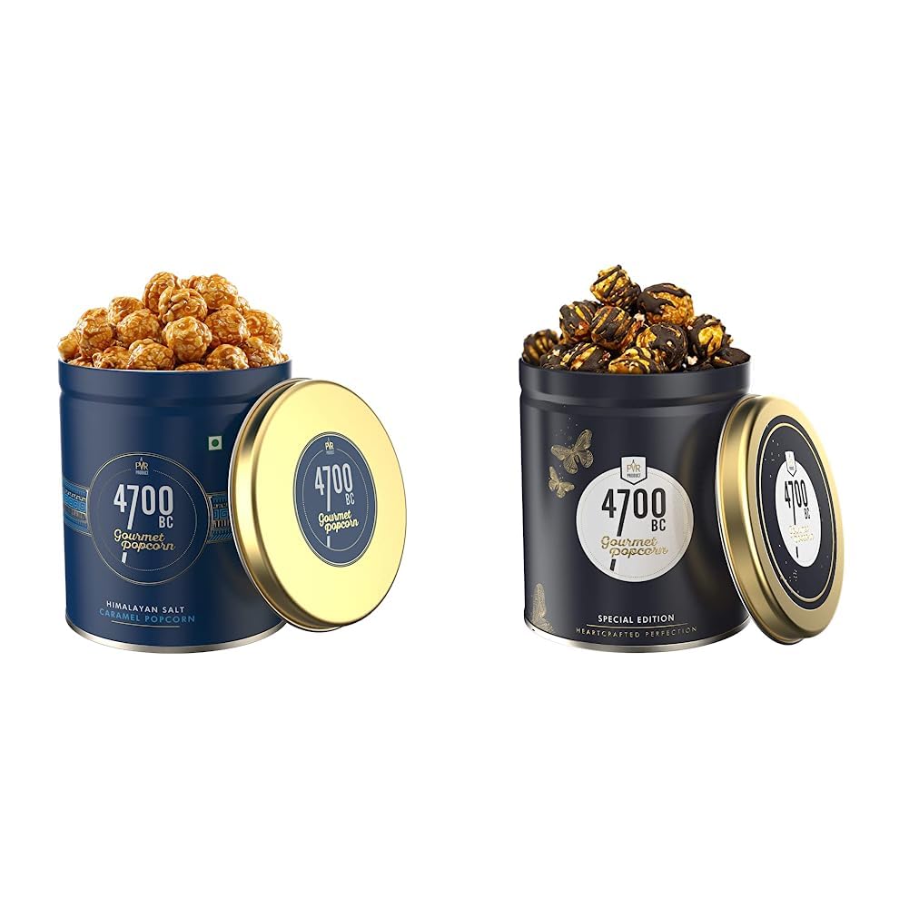 4700BC Himalayan Salt Caramel Popcorn, Tin, 110g and 4700BC Mocha Walnut Chocolate Popcorn, Tin, 125g-image-1