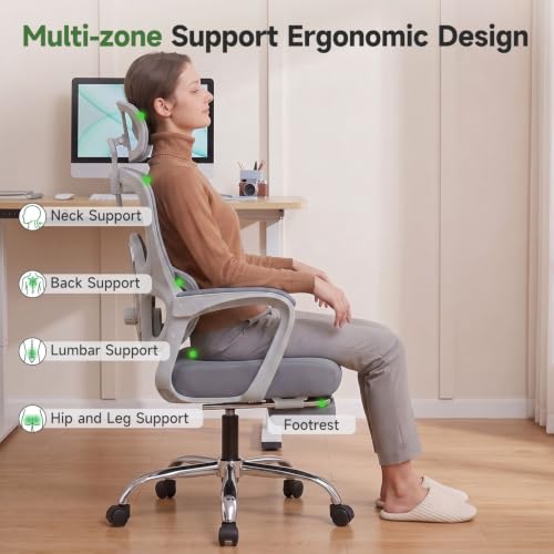 Image of Ergonomic Office Chair with Footrest, 90-145 Reclining Mesh Desk Chair
