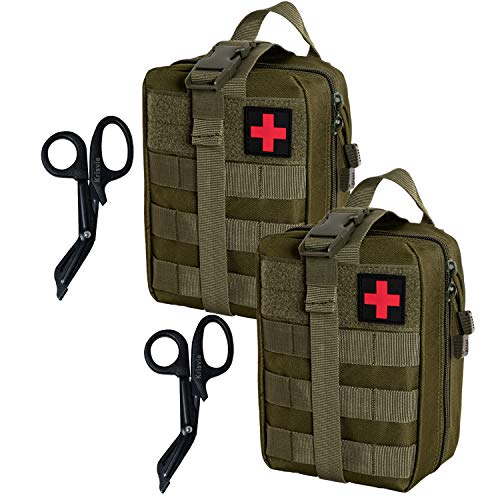 KrisVie 2Pcs Pochette EMT Médecine Tactique Sac étanche Molle de Premiers Secours, Trousse Kit de Premiers Soins Militaires pour Randonnée Camping Airsoft avec Un Ciseaux médical (Vert)