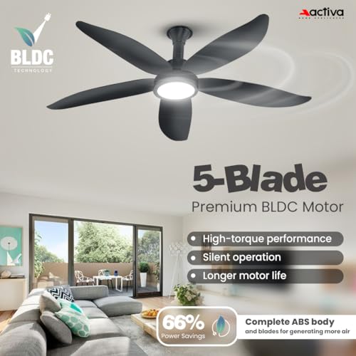 Image of ACTIVA BLDC Ceiling Fan 1200mm Aero Five With Remote Control | 5 Blade ABS Body | BEE 5 Star Rated 28W Energy Saving | High Speed Air Delivery, Reversible Mode, Timer | 5 Year Warranty | Pearl Grey