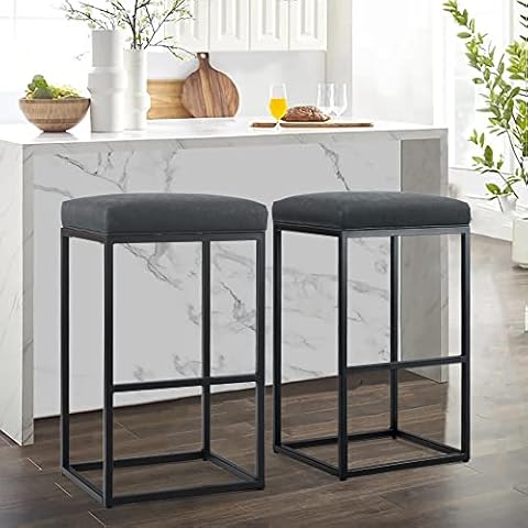 ALPHA HOME Barhocker 2er Set mit Fußstütze Schwarz 76cm Barstuhl ohne Lehne Barhocker Pu-Leder Sitzhöhe Barstühle Rückenfreier Sitzhocker mit dickem Kissen und robustem verchromtem Metallgestell Cover