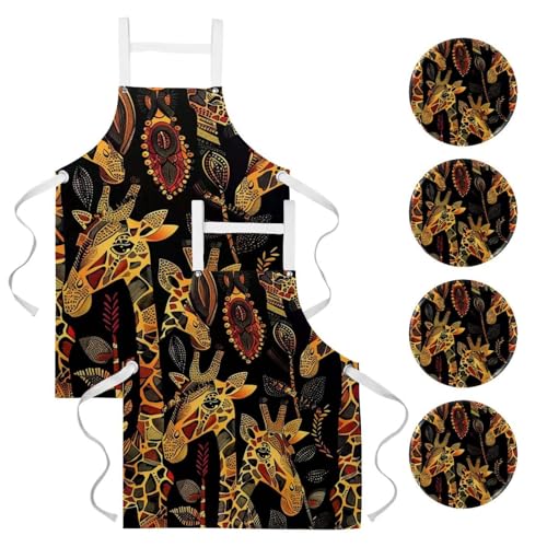 Tablier de cuisine motif girafe ethnique lot de 2 avec 4 broches de fixation incluses