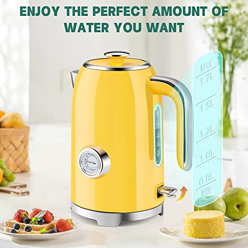 Image of SUSTEAS Electric Kettle - 57oz Hot Tea Kettle Water Boiler with Thermometer, 1500W Fast Heating Stainless Steel Tea Pot, Cordless with LED Indicator, Auto Shut-Off & Boil Dry Protection, Retro Yellow