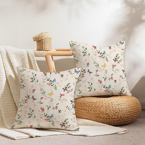 Image of Jaipur Weaves Cushion Cover 16 Inch X 16 Inch - Set of 2, Butterfly Garden 260 GSM Decorative Soft Cushion Covers for Sofa /Bed /Chair, Gift for Home Decor (Cream Garden, 2)