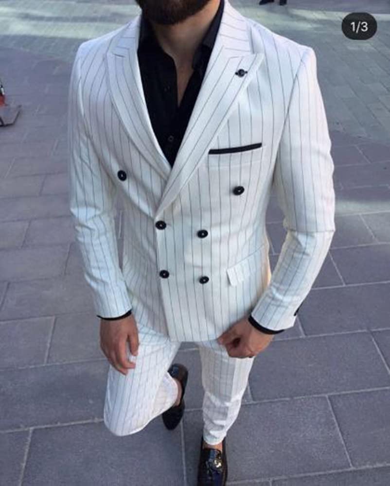 Uomo Stripe Due Pezzi Vestito Doppio Petto Bottoni Giacca Pantaloni per Casual Cena