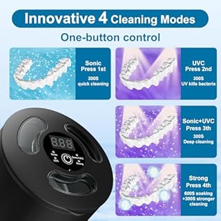 Pulitore Ultrasuoni Apparecchio Denti con Sterilizzatore UV,Alta Frequenza a 45 kHz Clean Pod,4 Modalità per Apparecchi Ortodontici, Bite Notturni, Allineatori ecc.,200 ml,Nero