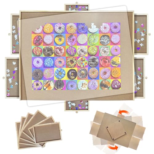 Nattork 1500 Pieces Rotating Wooden Puzzle Board with Drawers and Cover - Wooden Jigsaw Puzzle Table for 1500 Pieces - for Adults Kids Family Game