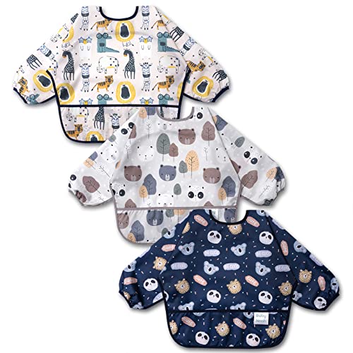 Image of 3 Pcs Long Sleeved Bib Set | Baby Waterproof Bibs with Pocket Bundle Toddler Bib with Sleeves and Crumb Catcher 6-24 Months
