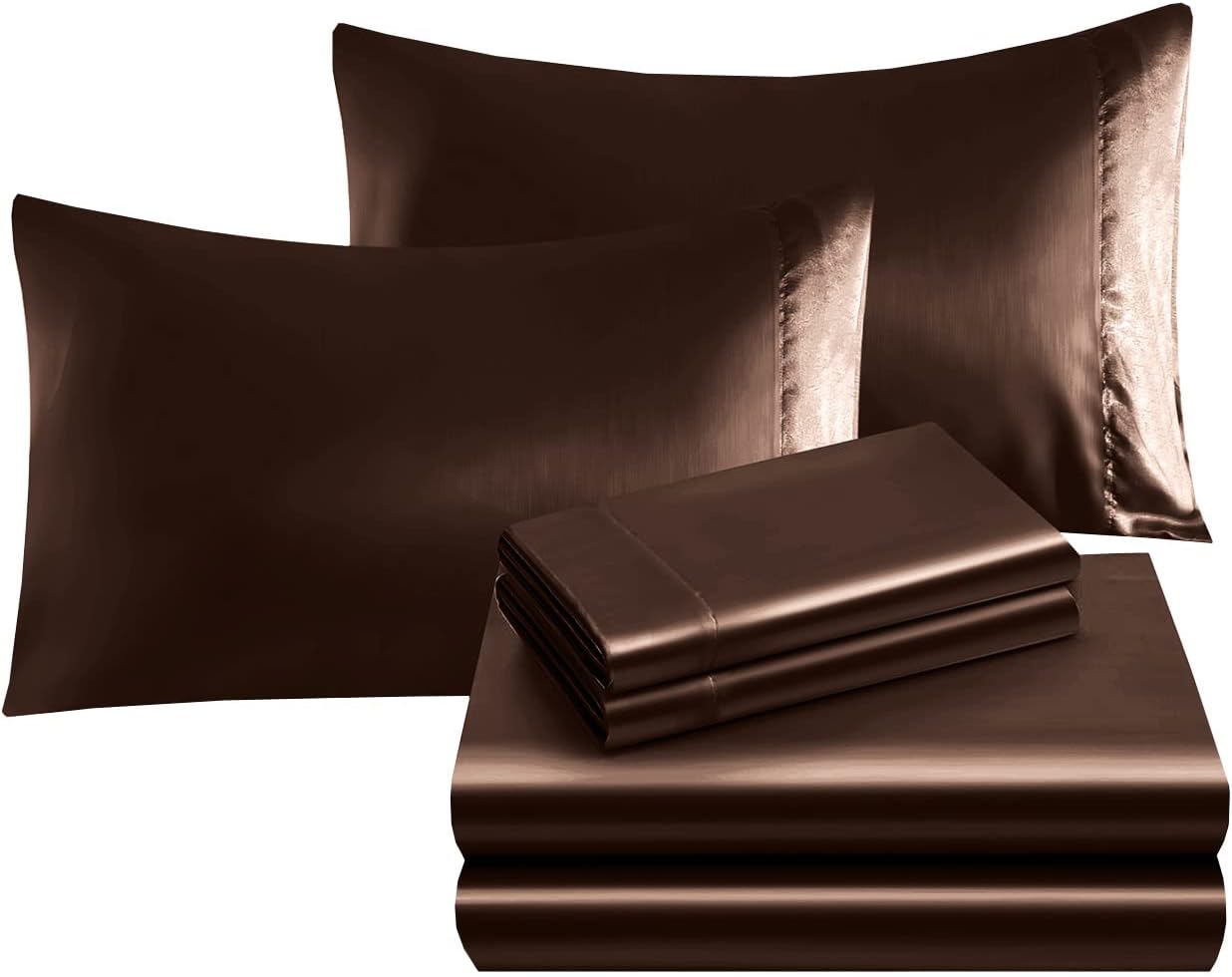 Elegant Comfort Luxurious 4-Piece Silky Satin Sheet Set, Skin and Hair Friendly, Wrinkle, Fade, Stain Resistant with Deep Pockets Fitted Sheet, Cooling Soft Satin Sheet Set, King, Chocolate Brown