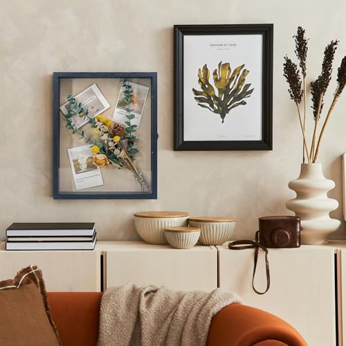 Image of GraduationMall 13x16 Wood Shadow Box Frame Glass Door Display Case with Linen Back and 6 Stick Pins,1.5 inches Interior Depth,Ideal for Memorabilia Pictures Flowers Medals Tickets Rustic Black