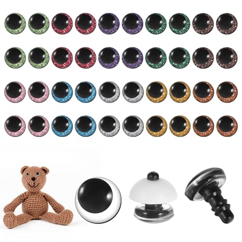 BOHUIZ 120 Pcs 3D Glitter Eyes for Crochet Animals 12mm Plastic Safety Eyes for Amigurumi with Washers Craft Crochet Doll Eye for DIY Gifts Doll Decorations