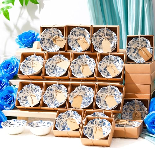 SiliFine 24 Pcs Wedding Favors for Guests Small Ceramic Bowl Bulk Gifts Set 3.3 Inch Floral Design Mini Dipping Bowl Sauce Dish with Cards Box for Bridal Baby Shower Birthday Guest Gift (Blue)
