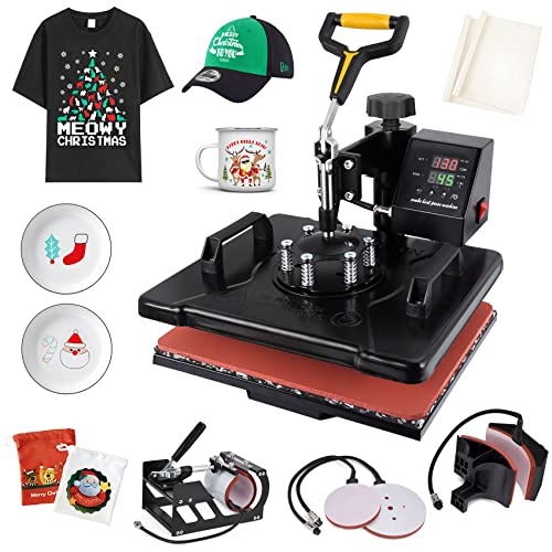 Slendor 5 In 1 Heat Press Machine 12X15 Inch T Shirt Pressing Machine Swing Away Digital Heat Transfer Multifunction Sublimation Combo For T Shirts With Tumbler Attachment Hat Cap Mug Plate #TOP7