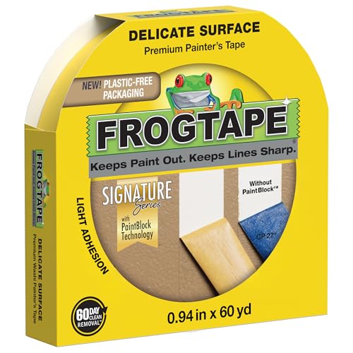 FrogTape Delicate Surface Painters Tape with PAINTBLOCK 1.5 in Wide (0.94 in x 60 yd) Low Adhesion Painting Tape Ideal for Freshly Painted Walls Trim & Surfaces Yellow 1 Roll (280220)