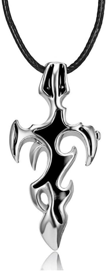 Personality Flame Cross Sword Totem Stainless Steel Pendant Leather Necklace for Women Boys Christmas Gifts (Black)