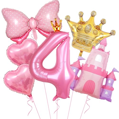 Princess Balloons for 4th Birthday Decorations Girl Pink Castle Balloon Large Pink Crown Number 4 Balloons for Princess Birthday Party Decorations Supplies
