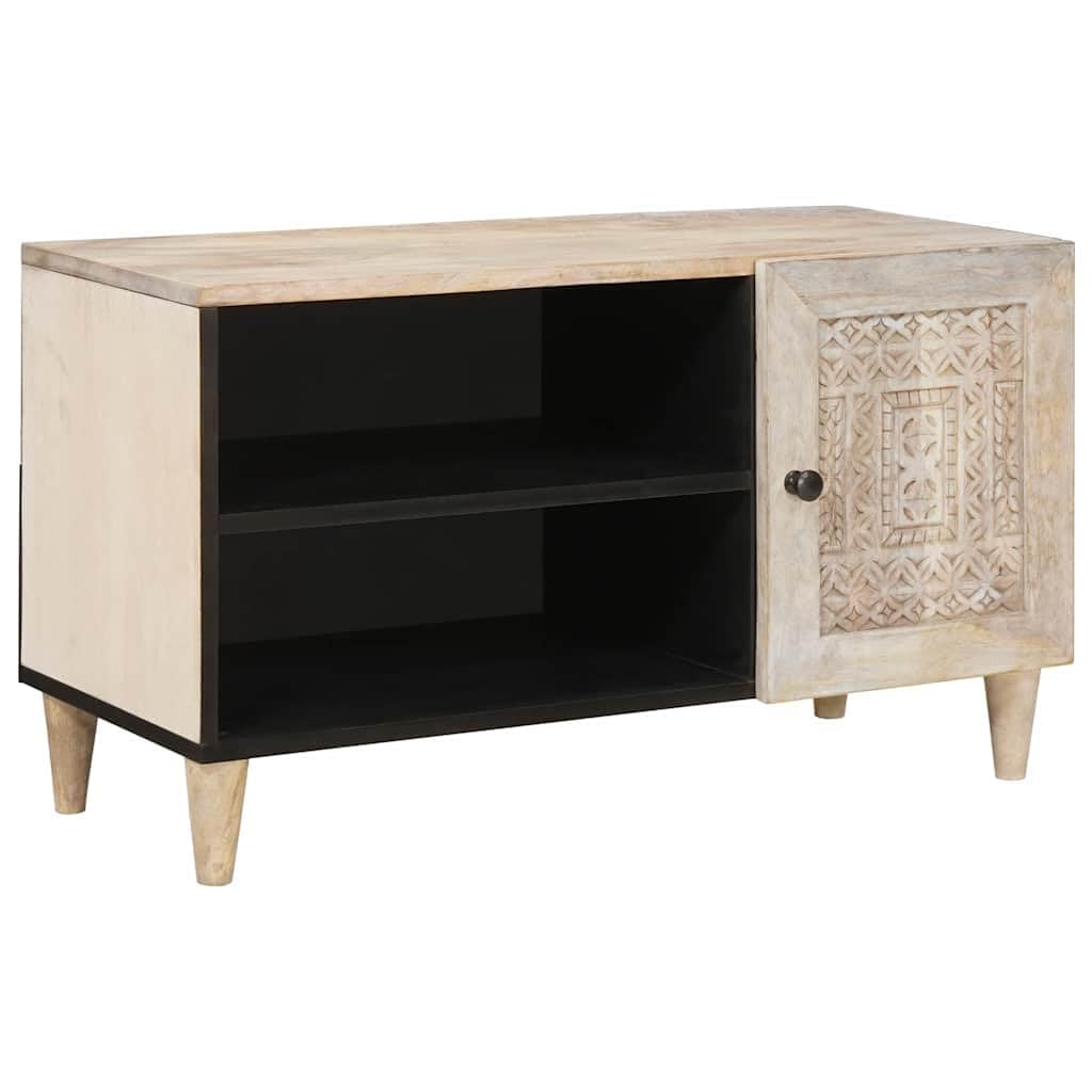 Meuble TV blanc 80cm en bois de manguier avec 2 étagères pour salon