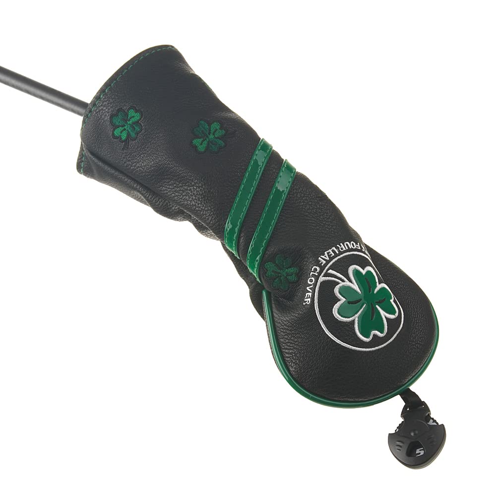 GOOACTION Golf Club Hybrid Schlägerhaube mit grünem Glücksklee Kreative Stickerei Muster Kunstleder Schwarz Golf Schläger (Austauschbarer Tag 2.3.4.5.7.X)
